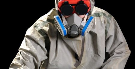 Pessoa com mascara e roupa de proteção devido a trabalho insalubre