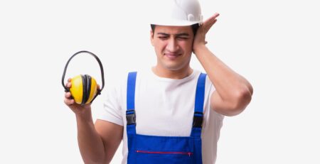 Trabalhador segurando protetor auricular